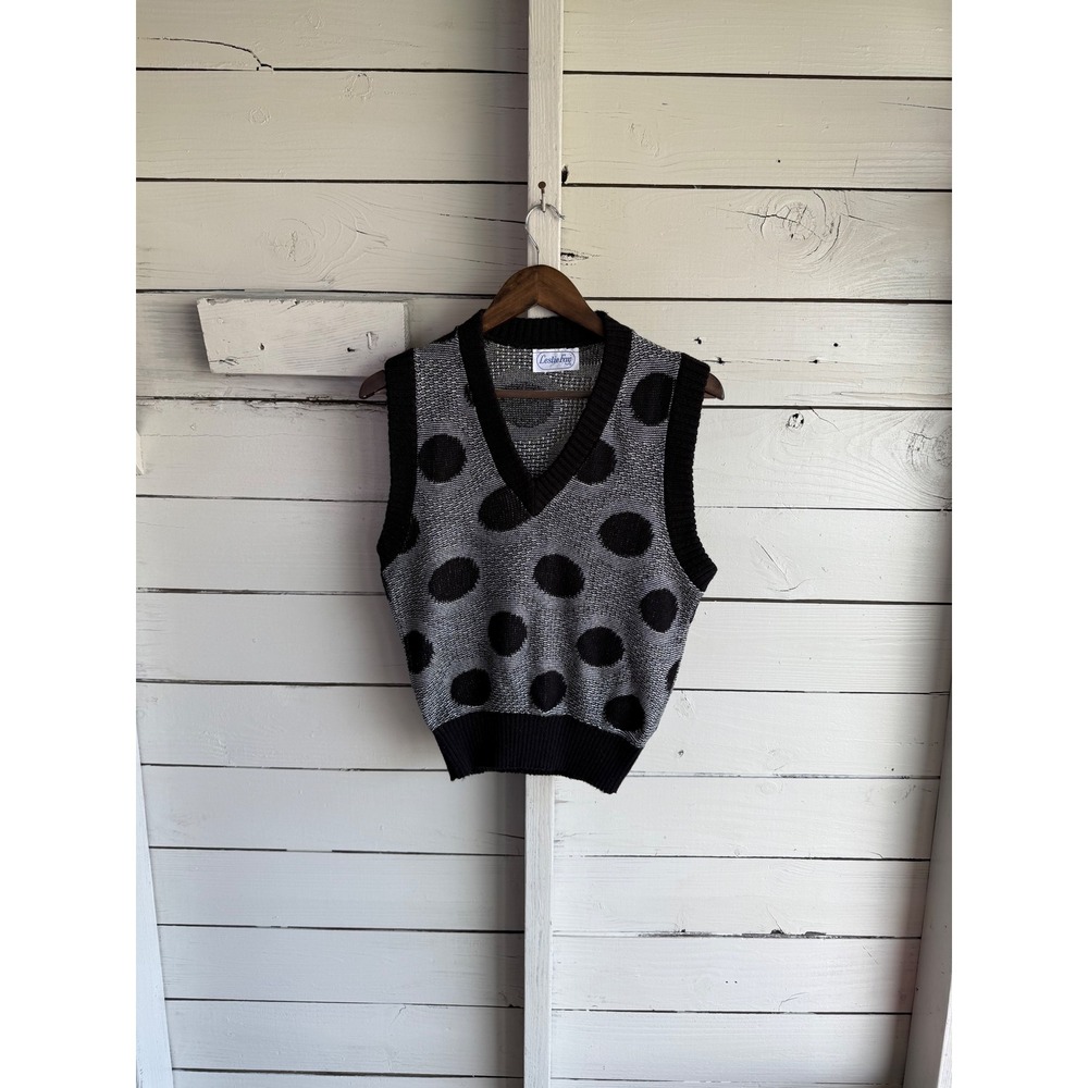 Vintage Leslie Fay Polka Dot Sweater Vest Black Grey V-Neck Knit Sleeveless Top